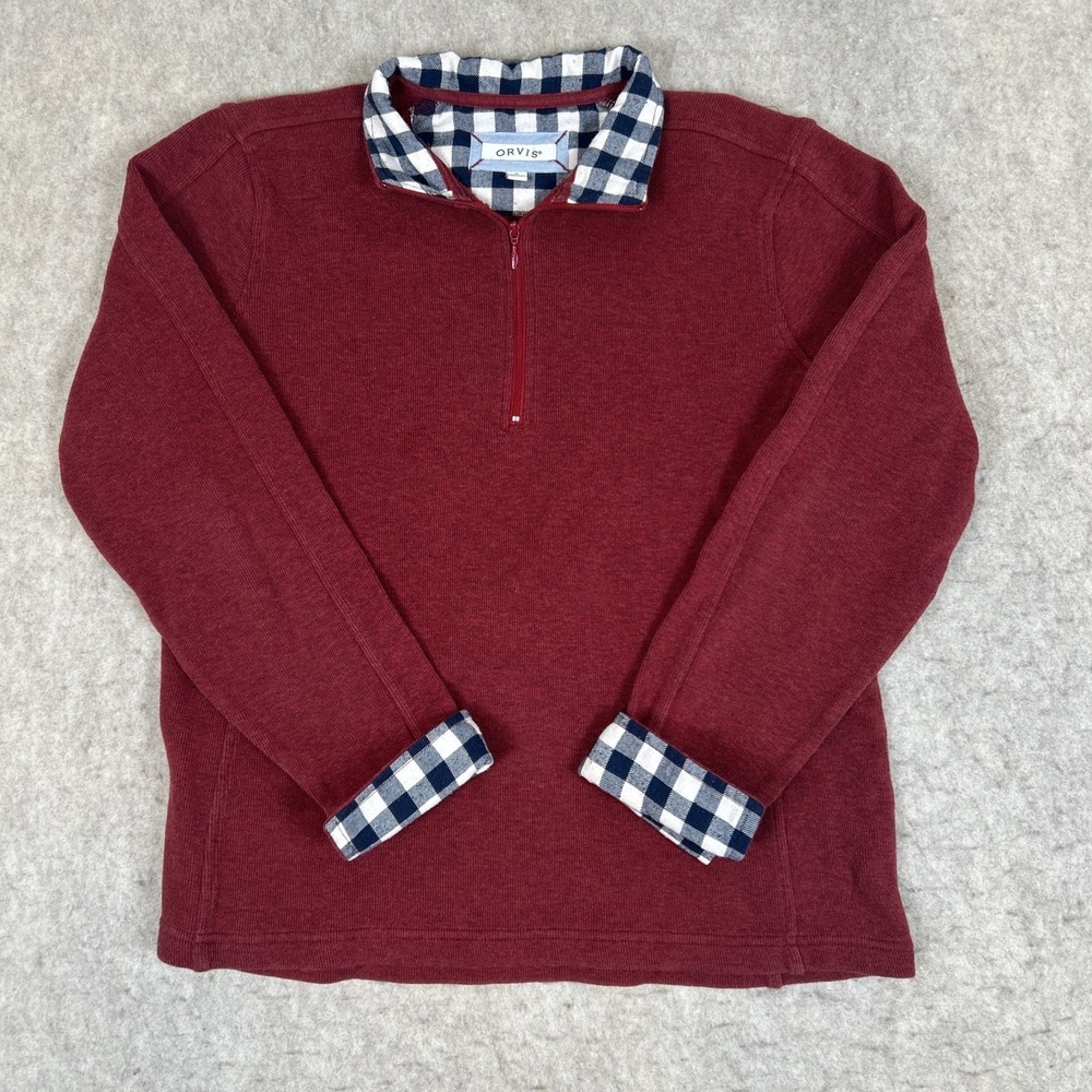 ORVIS Womens Trimmed 1/4 Zip Sweatshirt Sz M Red‎ Plaid Flip Cuff Pullover